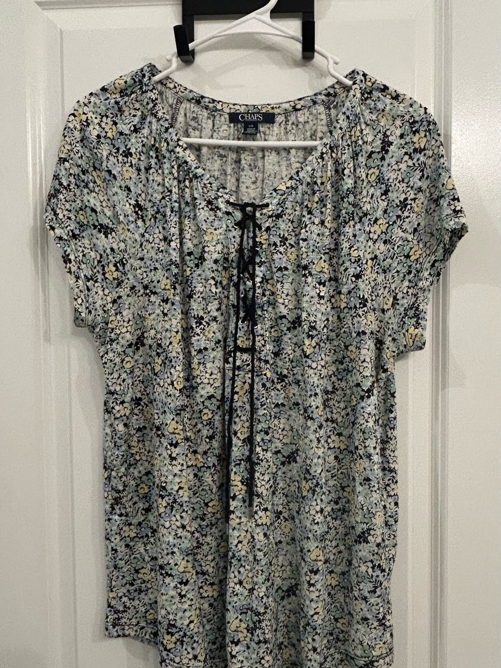 Chaps Floral Tie-Front Short Sleeve Tunic in Light Blue and Yellow